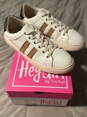 Hey Girl by Corkys White Sneakers with Tan Stripes